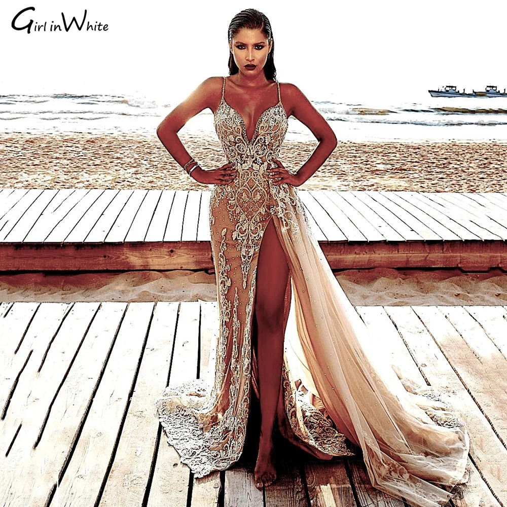 

Sexy Slit Luxury Long Evening Dress Spaghetti Straps Women Formal Party Gowns Prom Dresses V Neck Lace Vestidos De Fiesta