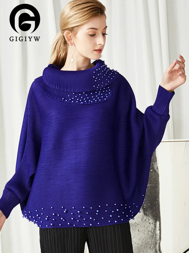 

Женская плиссированная Свободная рубашка GIGIYW с бусинами и рукавом «летучая мышь», однотонная Модная Повседневная рубашка с лацканами, весна-лето 2023