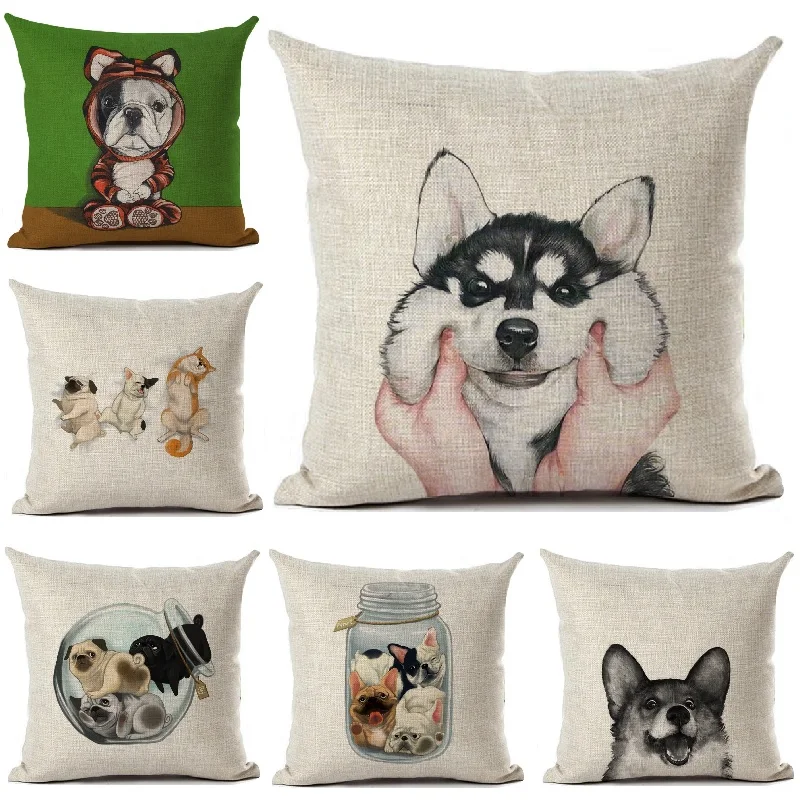 

Чехол для подушки с рисунком забавной собаки, льняные подушки, чехол для автомобильного дивана, декоративный фоточехол 45x45 см
