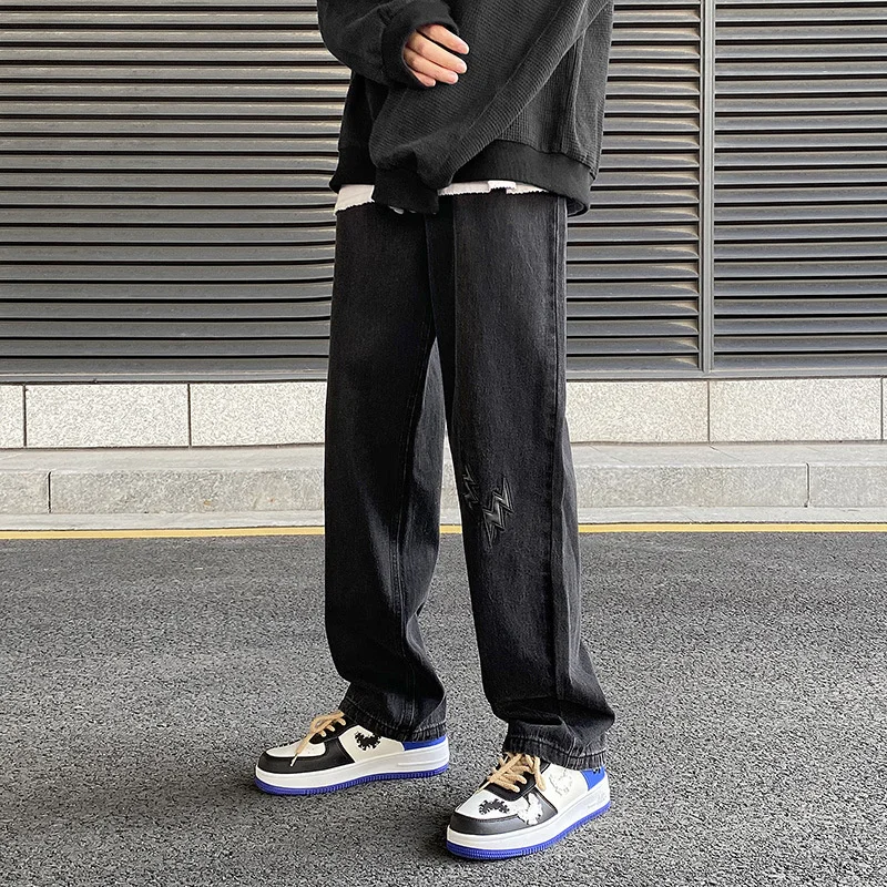 

High quality Letter Embroidered Jeans Men's Fashion Hip Hop Loose Casual Straight Autumn Wide Leg High Street Pants