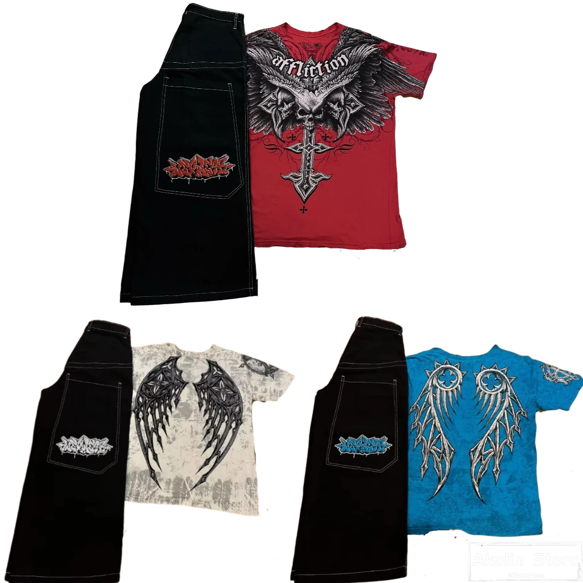 Wexwear костюм джинсы с вышивкой и графикой Harajuku Y2k спортивный футболки уличная