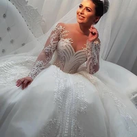 long sleeve wedding dress 2022 elegant vestidos de noiva custom illusion neck tulle robe de mari%c3%a9e ball gown lace bridal dress