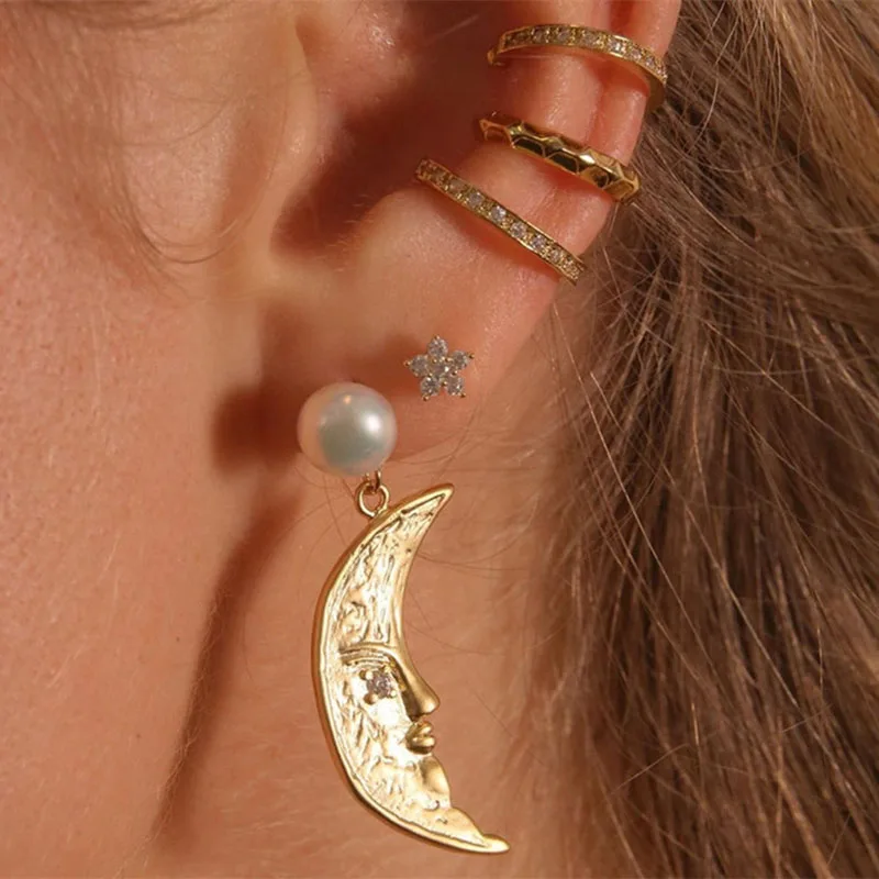 

Asymmetrical star moon earrings for women mismatch pearl dangle earrings summer holiday ethnic celestial jewelry