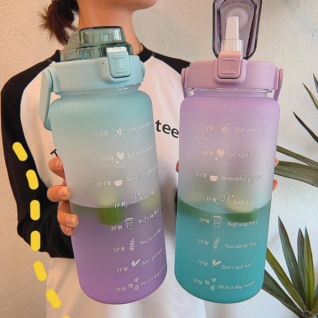

2L Large Capacity Water Bottle With Bounce Cover Time Scale Reminder Frosted Leakproof Cup For Outdoor Sports Fitness