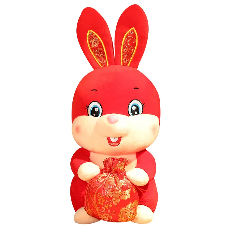 

2023New Year Chinese Zodiac Rabbit Hold Lucky Bag Plush Toy Bunny Mascot Plush Doll Pillow Stuffed For Kids New Year's Gift