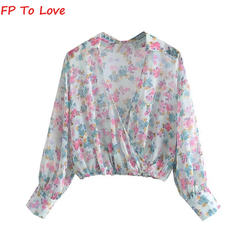

French Vintage 2022 Summer Cross V-Neck Long Sleeve Flower Print Pullover Shirt Chiffon Long Sleeve Top