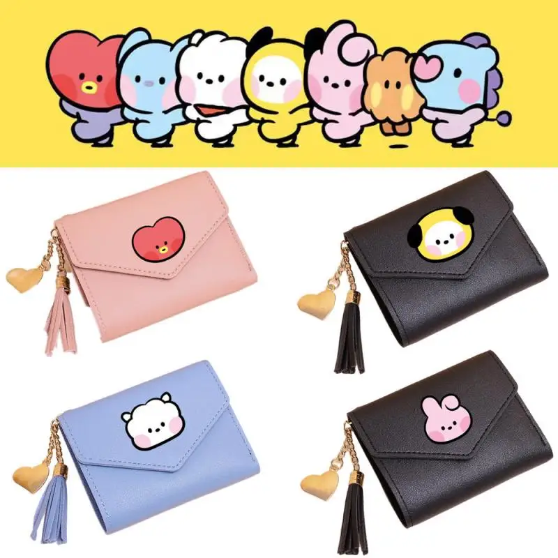 Kawaii Line Friends Bt21 Anime Hobby Tata Chimmy Cooky Koya Simple Pu Wallet Card Case Short Folding Portable Storage Bag