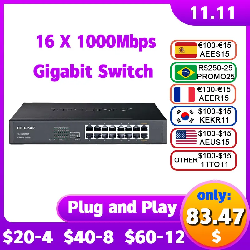

TP-Link 16 Port Gigabit Switch 1000Mbps Desktop Switcher Hub Network Convergence Isolation Vlan 1G RJ45 Ethernet IP Camera