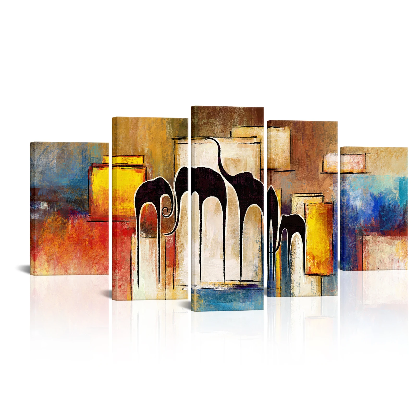 

5 Pieces Abstract Elephants Wall Art Canvas Painting Colorful Rectangle Print Poster Modern Style Picture Living Room Home Decor
