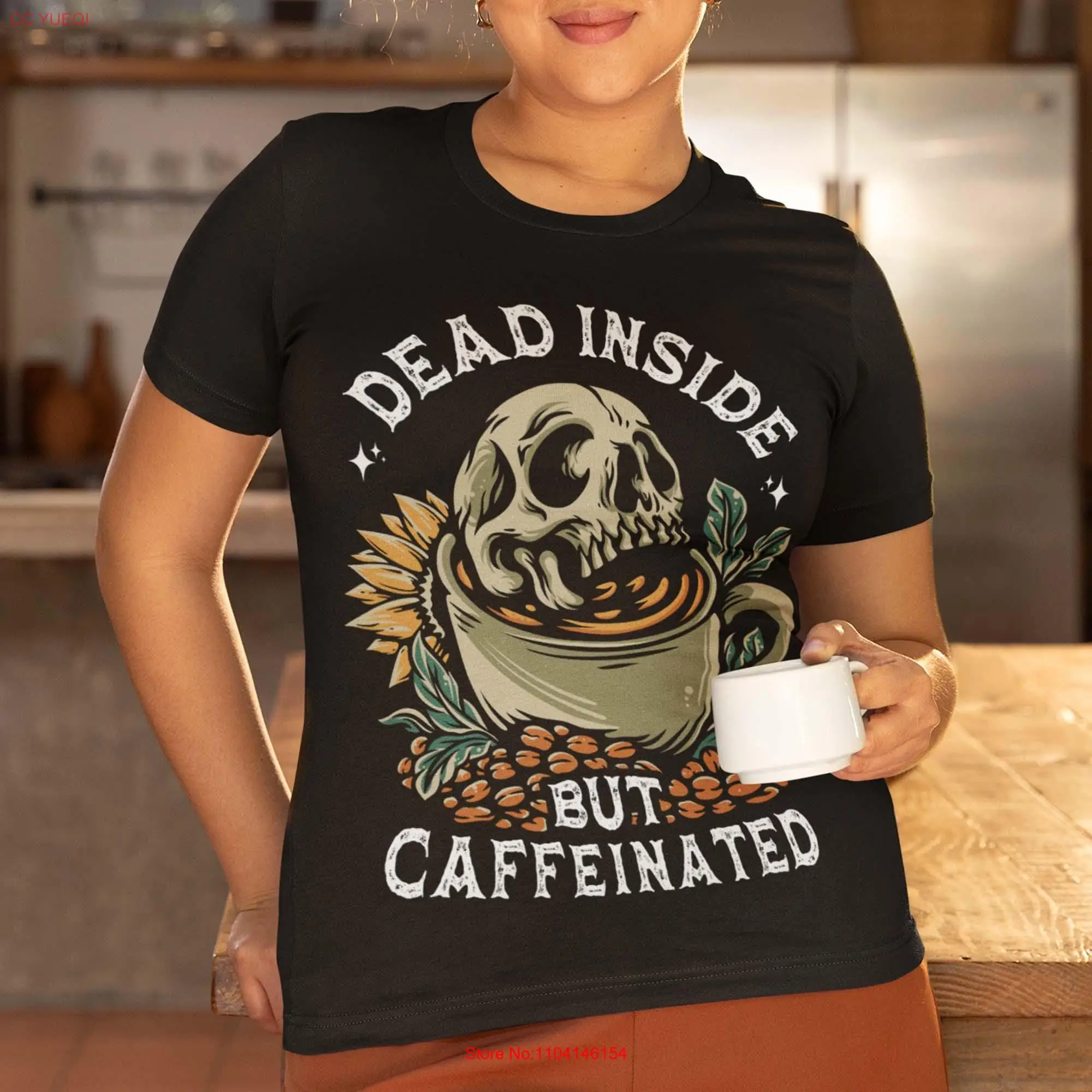 Dead Inside But Caffeinated Хэллоуин Тематическая готическая забавная футболка Свитер с