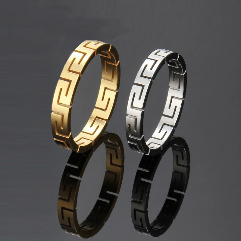

2022 Trendy Titanium Steel 3mm Hollow Great Wall Pattern Cut Rings For Men/Women/Couple Geometric Fashion Accessories Jewelry