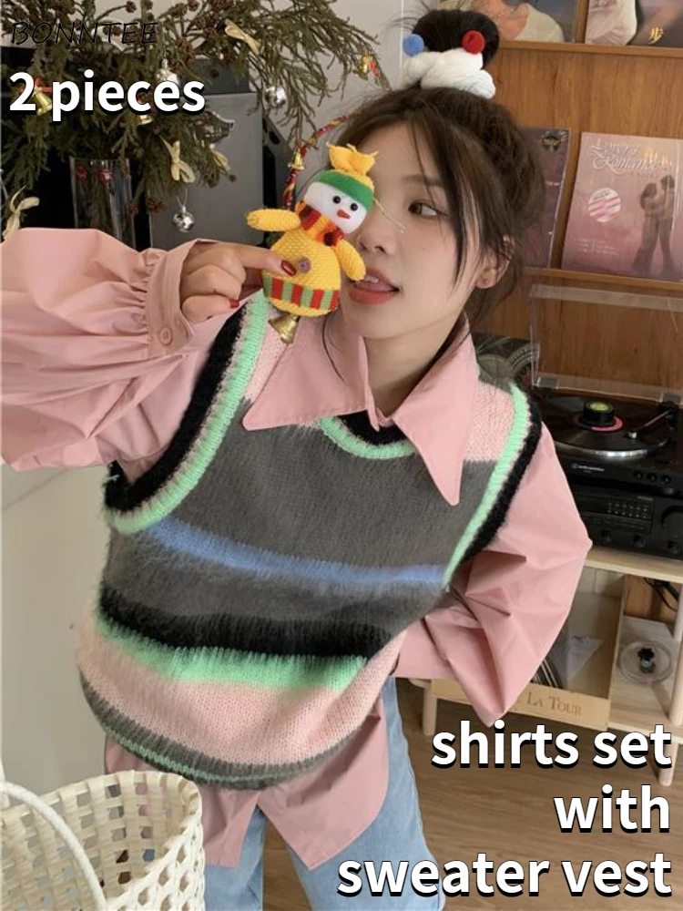 

Sweater Vests Sets Women Sweet Daily Casual Design Simple All-match Shirts Spring Striped Preppy Style Students Loose Fashion