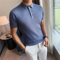 2022 knitted hollow polo shirts for men summer short sleeve slim casual lapel tee tops ice silk breathable business social polos