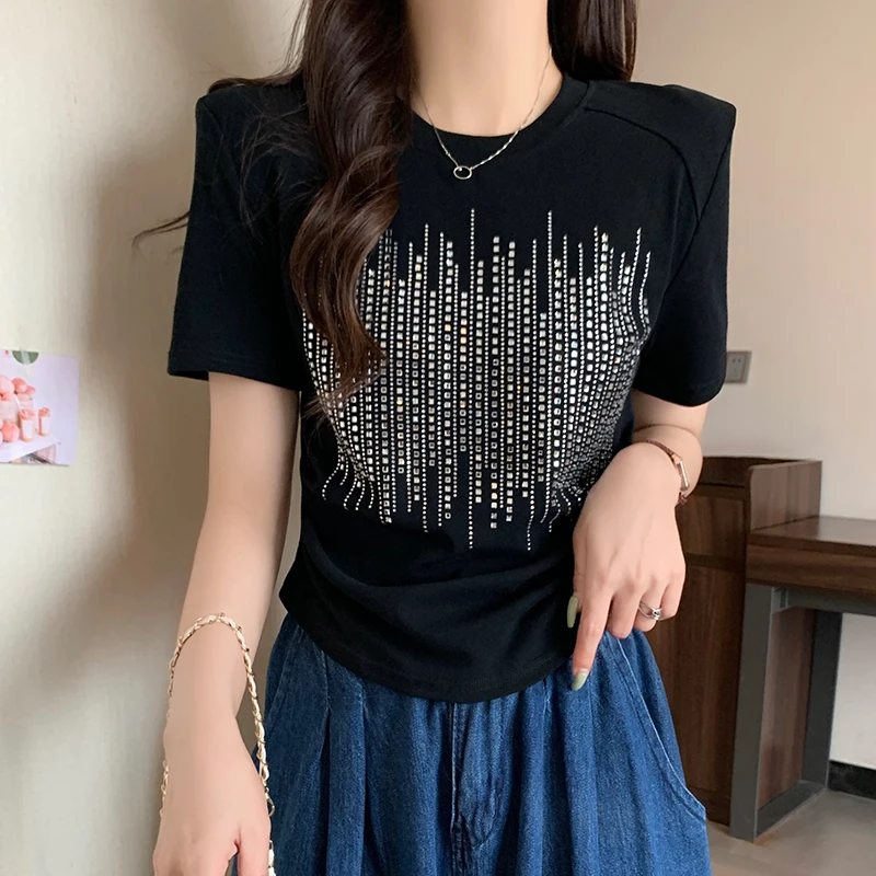 

2023 New Summer European Clothes T-Shirt Women's Chic Sexy O-Neck Drape Shiny Diamonds Shoulder Pad Tops Short Sleeve Tees 36122