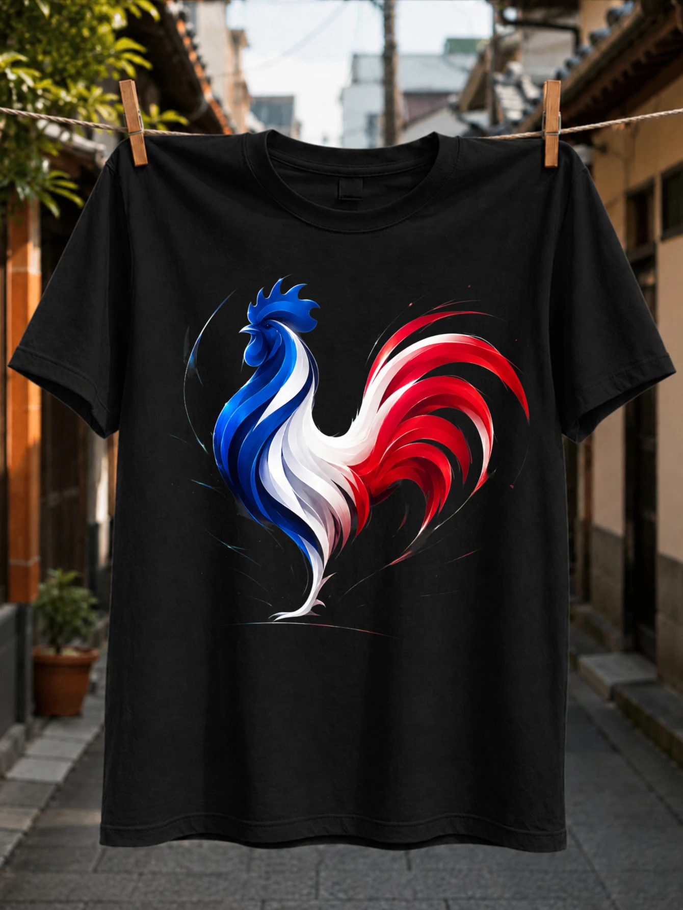 Фото Футболка France Rooster Tricolor Brush Tee с изображением петуха и синими и красными элементами французского флага, патриотическая, унисекс, универсальная. №1