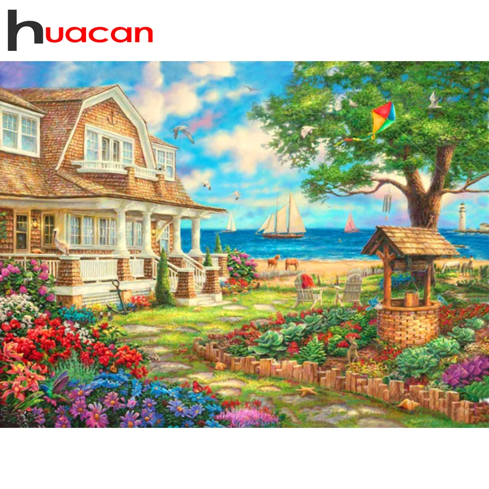 

Набор для алмазной вышивки Huacan, полноразмерная/Круглая Мозаика, побережье, набор для домашней вышивки, ландшафтное настенное украшение, тво...