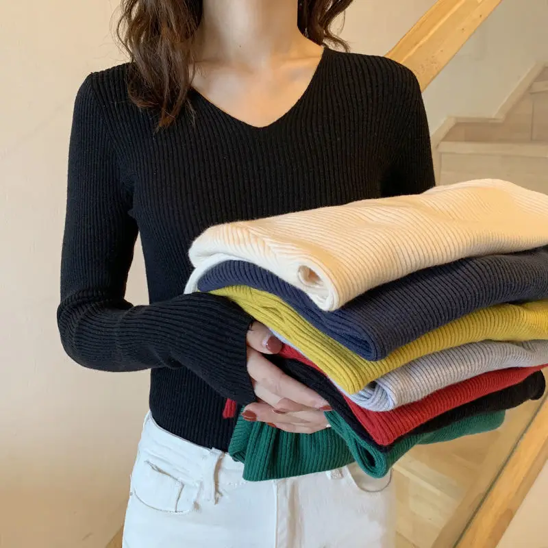 

Осенний офисный женский Однотонный пуловер с V-образным вырезом и длинным рукавом, женская одежда, простой вязаный свитер, Женский облегающ...