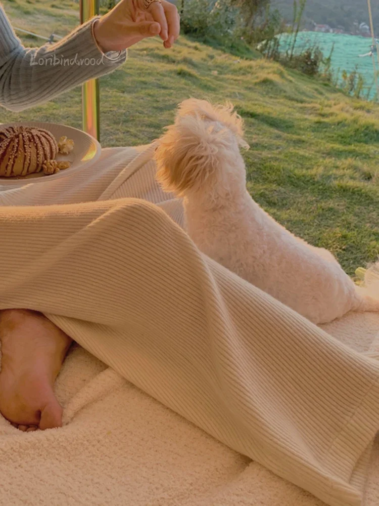 Белые женские брюки с высокой талией для похудения прямые полосатые трикотажные