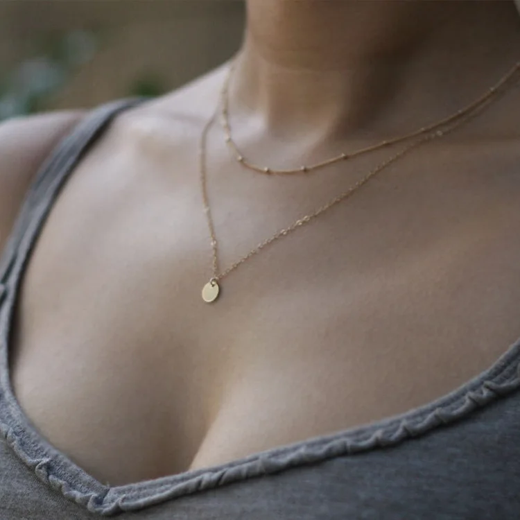 

Simple Double-layer Bead Chain Disc Necklace Metal Small Disc Gold and Silver Wind Short Necklace Jewelry Wholesale