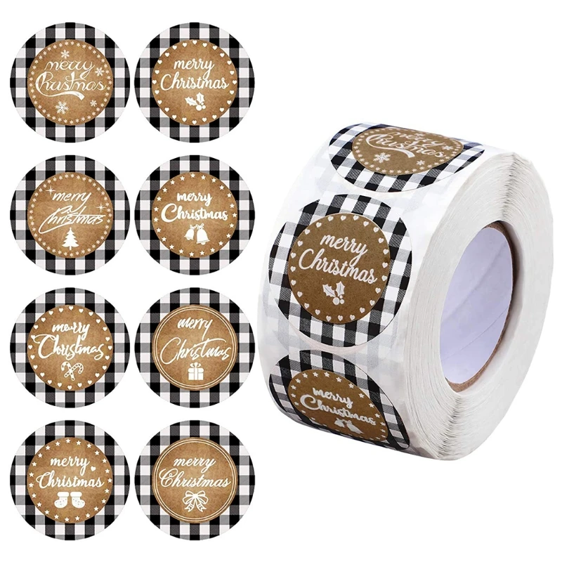 

500pcs Merry Christmas Stickers 1.5 Inch Plaid Decorative Sticker Wrapping Gift