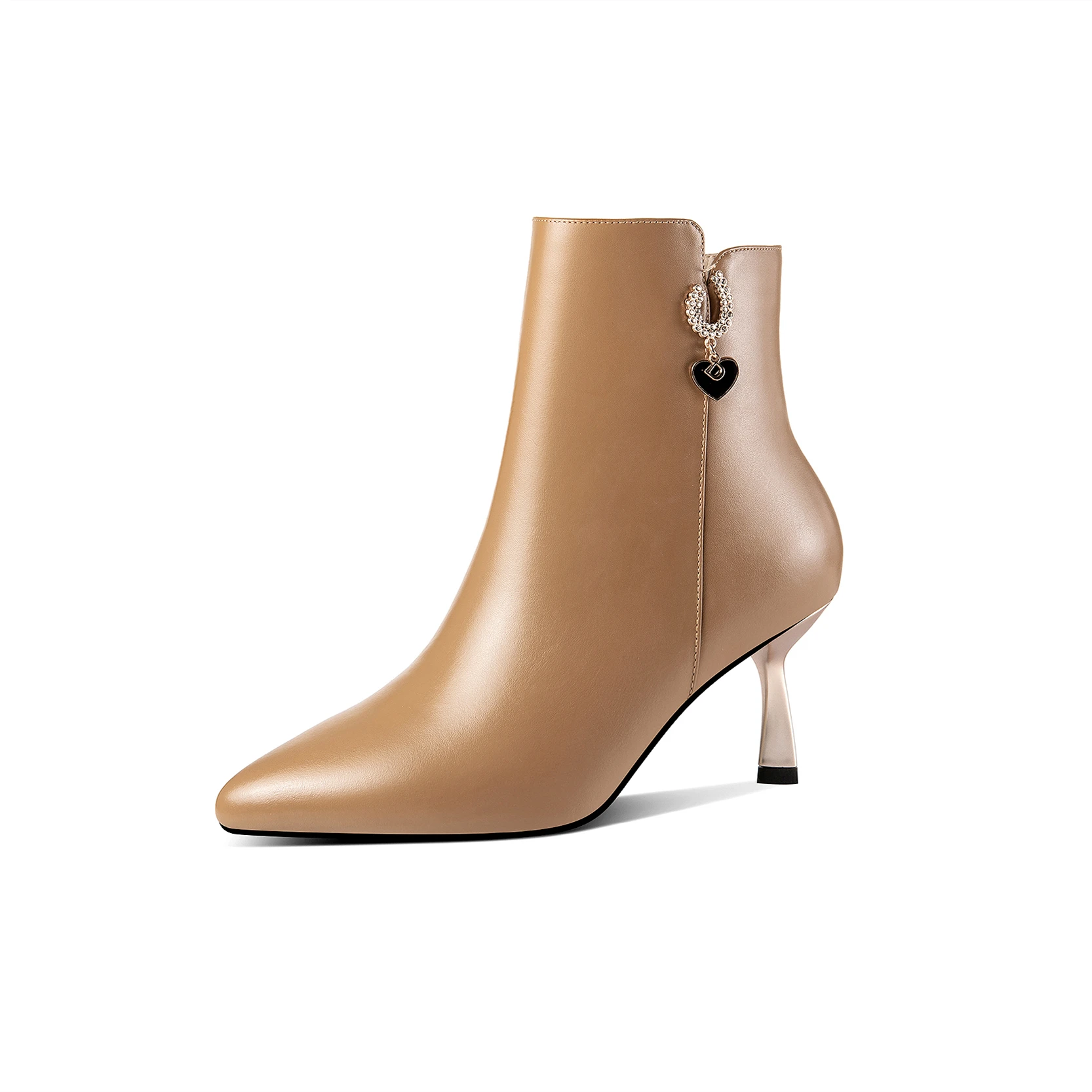 

Mstyle Genuine Leather Rhinestone Heart Pendant Ankle Boots for Women Stiletto Metal Heel Pointed Toe Side Zip Up Ladies Boot