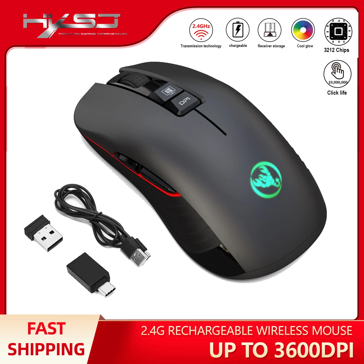 

HXSJ Rechargeable Gaming Mouse2.4G USB Wireless Mouse 3600DPI ABS 7 Buttons Type-c Mute Mice for Macbook Laptop PC Game Mause