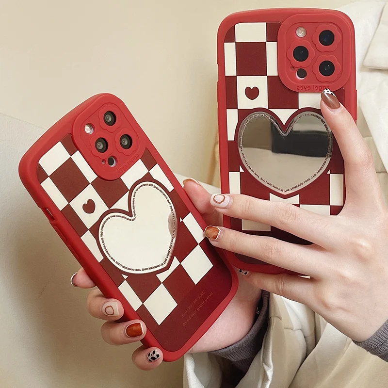 

Checkered heart Makeup Mirror Phone Case For iPhone 13 11 12 Pro Max XS XR X 8 7 Plus SE 2 Camera Lens Protections Back Cover