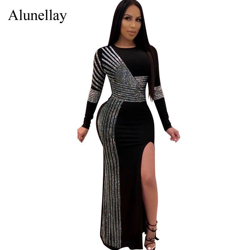 

Золотистые и Серебристые облегающие вечерние бандажные платья со стразами, сексуальное облегающее платье с длинным рукавом и разрезом для ...