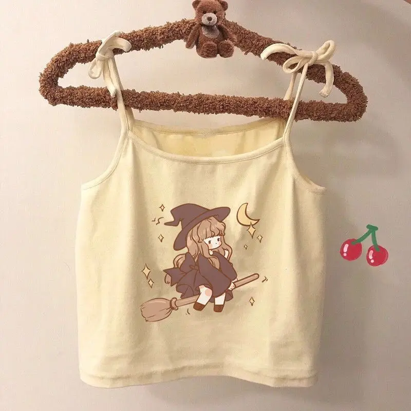 Japanese Camis Tops Soft Girl Sweet Cute Magical Print Self-cultivation ide Outside Vest Crop Top T Shirt top women | Женская одежда
