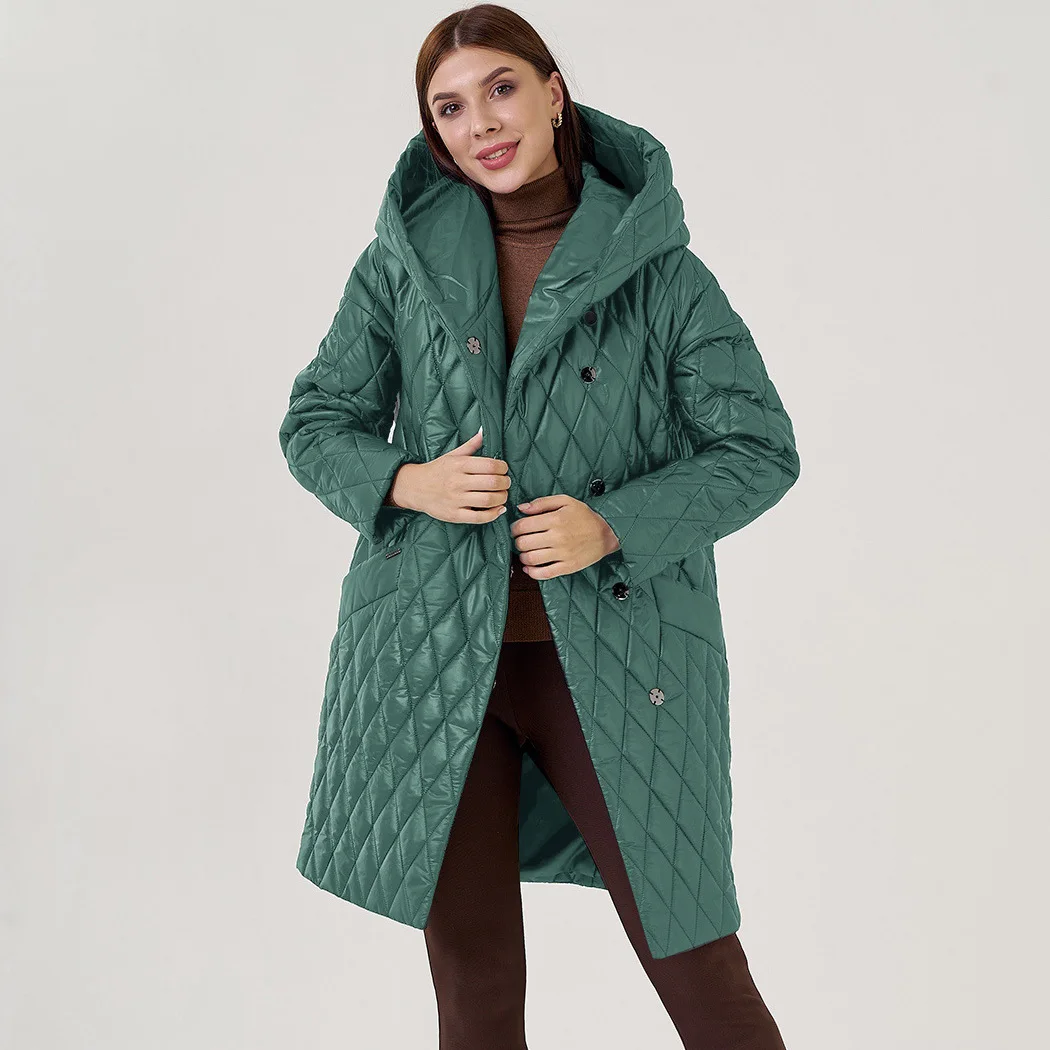 Winter Rhombus Long Parkas Women 2022 Thick Warm Lace Up Hooded Coat Padded Jackets Female Casual High Quality Fashion Outwear