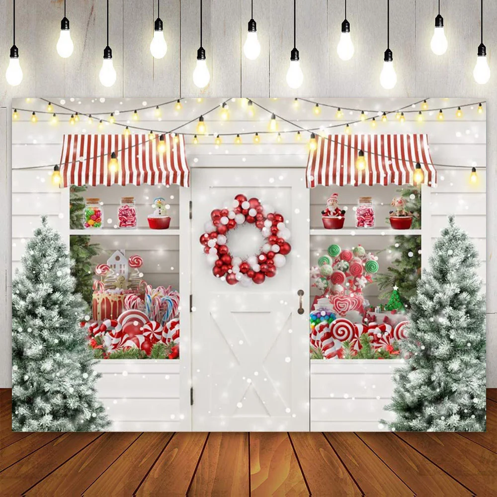 Christmas Backdrop White Candy Shop Window Winter Decoration for Kids Children Family Baby Shower Xmas Photography Background