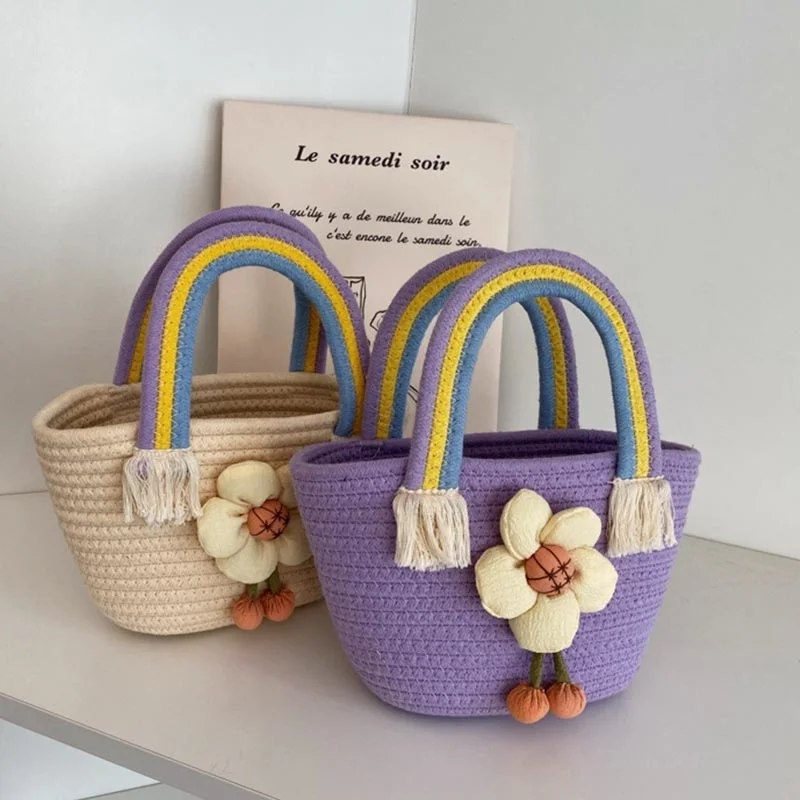 

Summer Straw Handbag For Women Rainbow Cotton Rope Handle Bags Rattan Seaside Beach Bags Hot Tassel Deicrs shopping Tote Bag