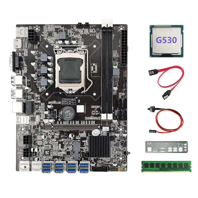 B75 8USB ETH Mining Motherboard+G530 CPU+DDR3 4GB 1600Mhz RAM+Switch Cable+SATA Cable+Baffle B75 BTC Miner Motherboard