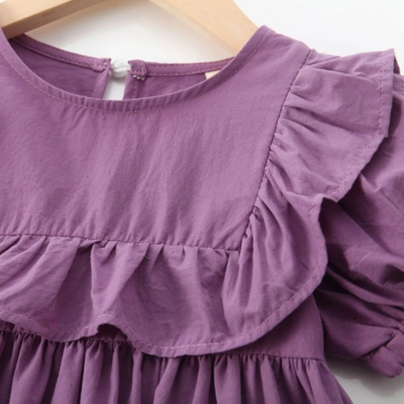 Girls' Dress 2022 Summer New Purple Solid Short Puff Sleeve Cotton And Linen Dresses Ruffles Sundress Kids Clothes 2 3 4 5 6Year enlarge