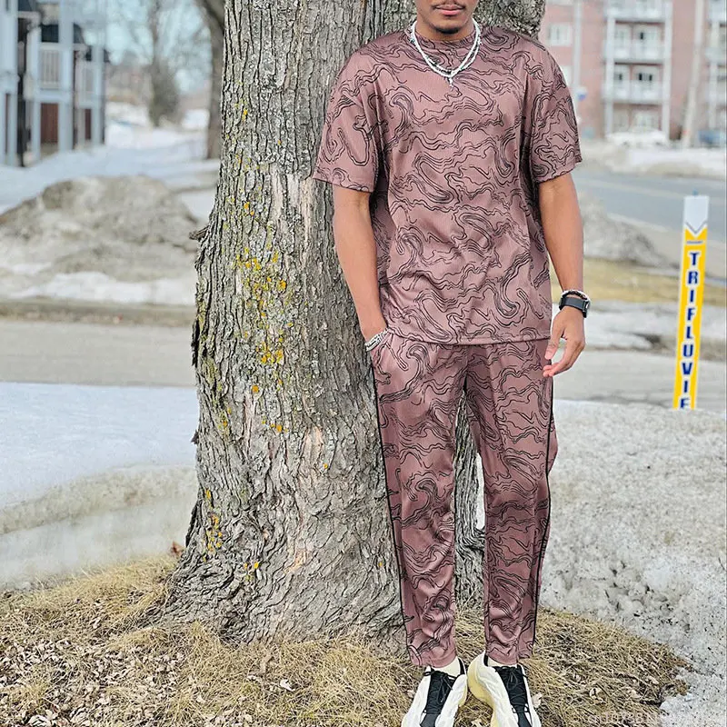 New Men's Street Printed Short Sleeved T-shirt Pants Trend Summer Casual Suit Men's Two-piece Suit Men's Clothing