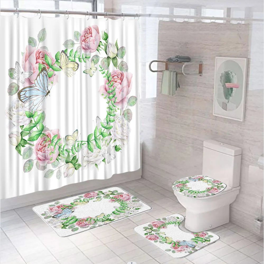 

Pink Rose Garland Butterfly Shower Curtain Set Green Leaves Flower Bathroom Curtains Anti-slip Bath Mat Toilet Cover Carpet Rugs