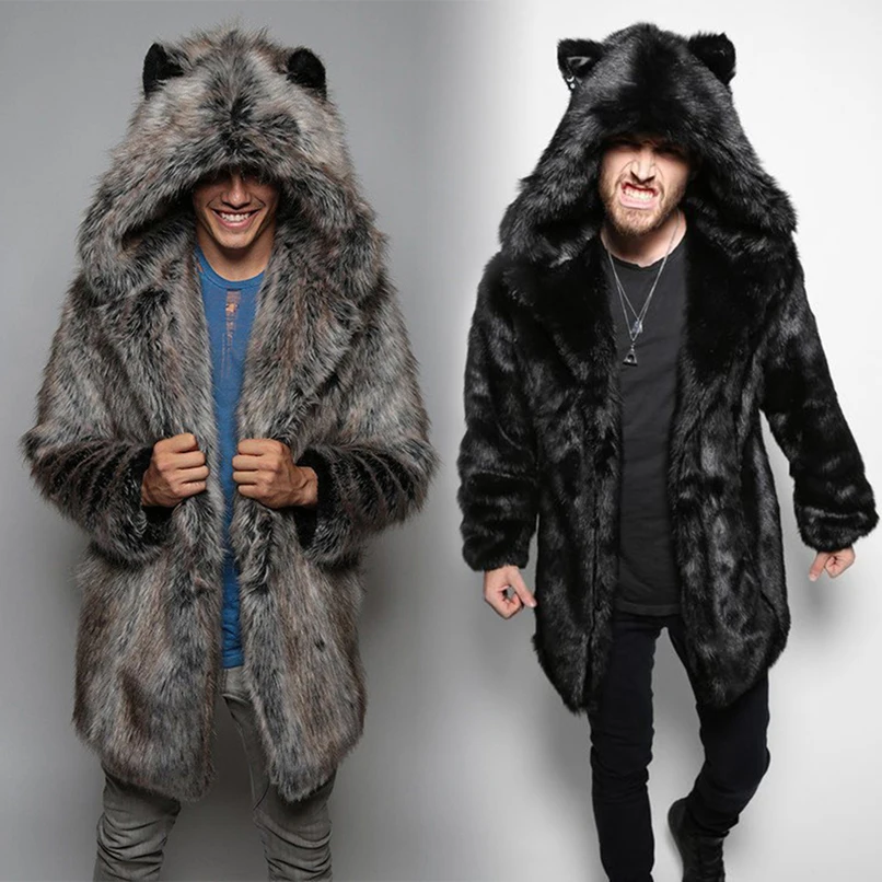 Winter Men's Faux Fur Thick Warm Coat Long Sleeve Fashion Hooded Jackets Bear Plush Cardigan Blouse Casual Male Parka Snow Wear