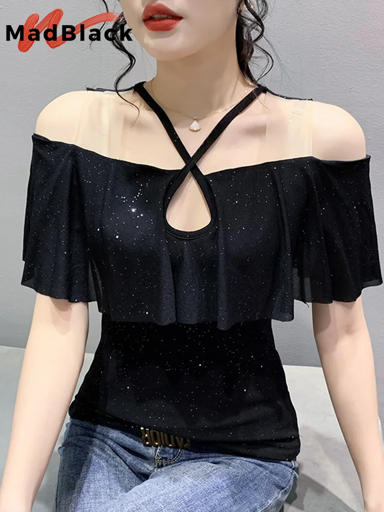MadBlack Summer Off Shoulder Tshirts Sexy Hollow Out Hot Drilling Women Short Sleeves Slim Bottoming Tops Streetwear TeesT32606Z