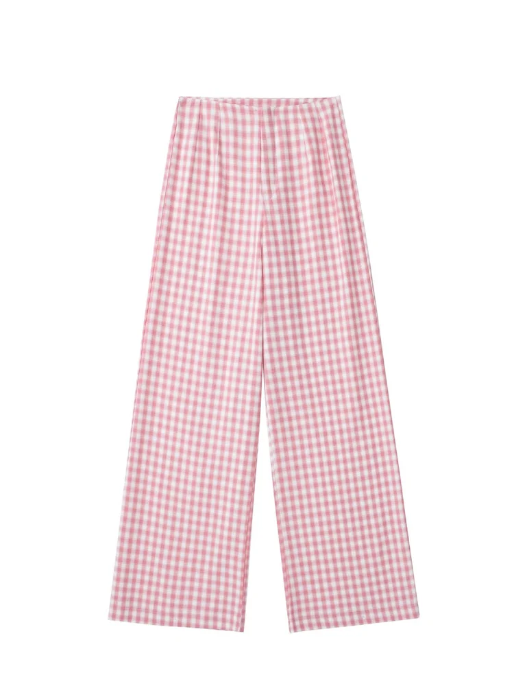 

2022 Summer Women Casual Straight Pants Fashion Plaid Zipper Full Length Pant Female Sweet Street Trousers Clothing