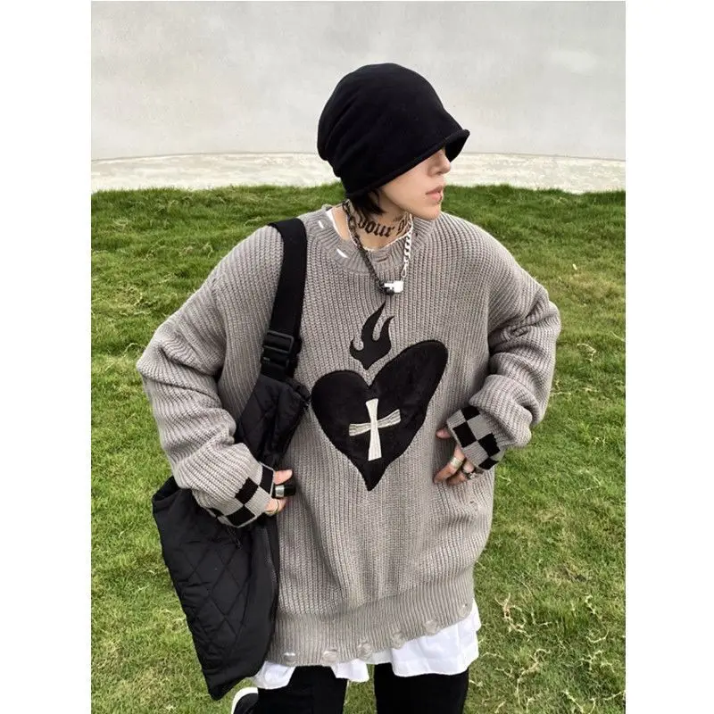 Sweater With Hearts Harajuku Fashion Men's Clothes Winter Trend Women's Print Oversize Korean Knit Hip Hop Clothing Sweaters