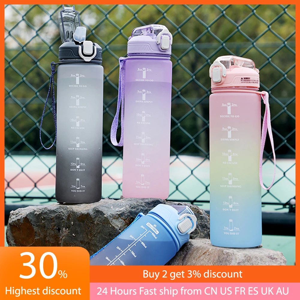

1000ml Sports Water Bottle with Time Marker for Outdoor Gym Fitness Travel Leakproof Drinkware Plastic BPA Free Drinking Cups