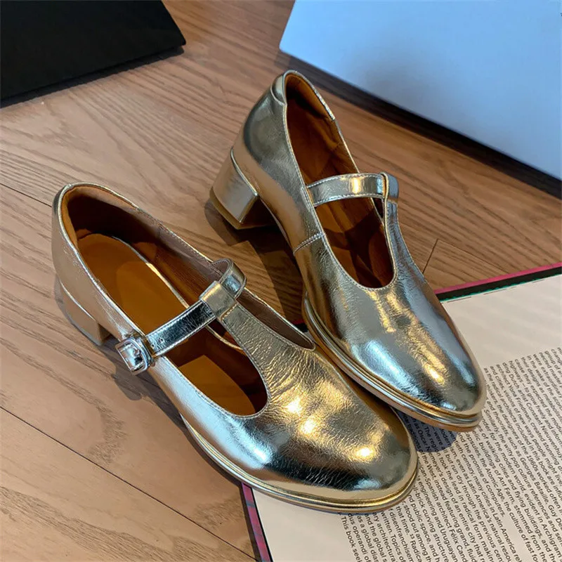 

Champagne Golden Cow Leather Women Shoes Round Toe Buckle Strap Ladies Shoes Low Heel High Quality Concise Sapatos Femininos