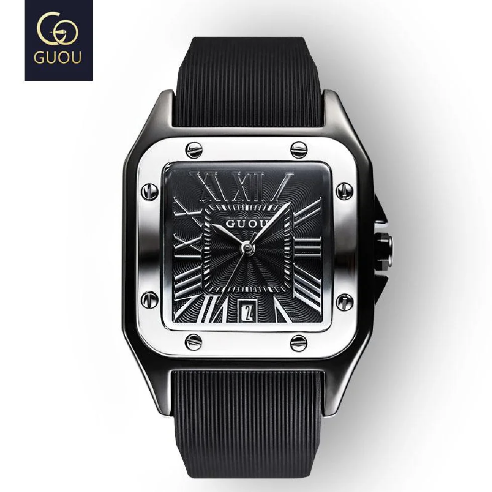 

Fashion Guou Top Brand Men's Watches Luxury Wristwatches Rubber Silicon Dress Watch Man Square Quartz Clocks