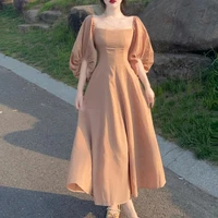 2022 summer new lantern sleeve french square collar high waist slim retro solid color large swing dress mid calf