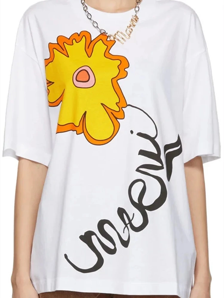 

Summer 2022 Women Cotton White T-Shirts Female Short Sleeve Sun Flower Print Fashion O-Neck Tee Tops