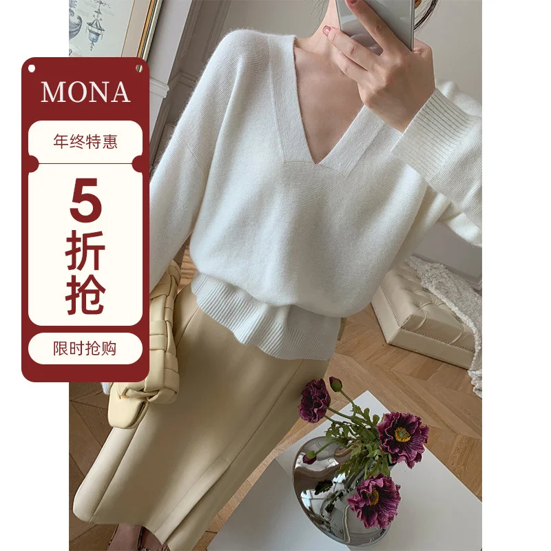 

Mona spring and autumn basic style versatile v-neck mink rabbit wool blended loose warm knitted sweater for women