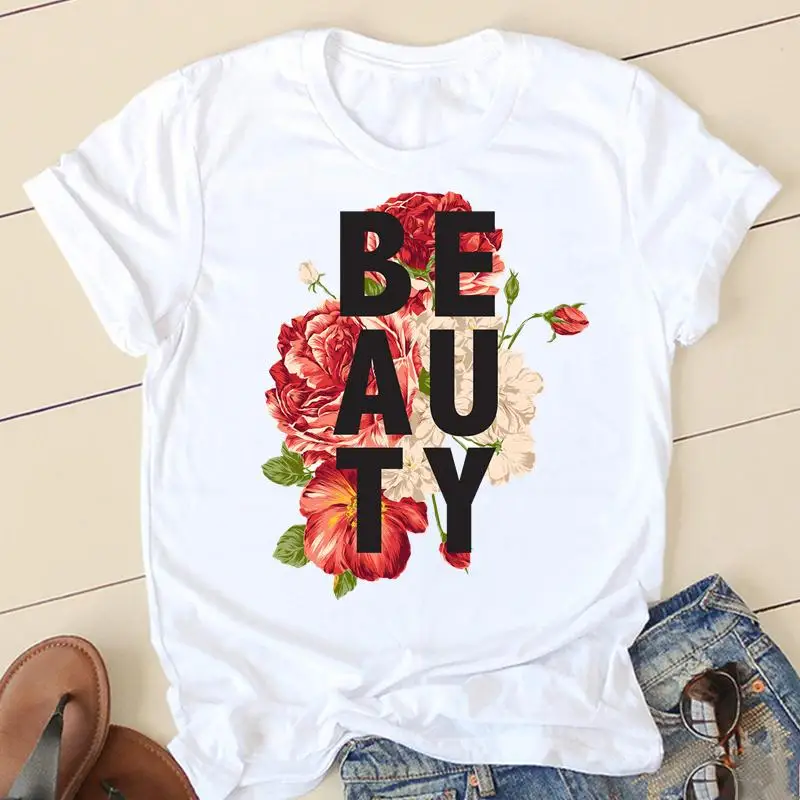

Women T-shirts Flower Letter Floral Ladies Fashion Clothing Cartoon Clothes Short Sleeve Spring Summer Female Tee Graphic Tshirt