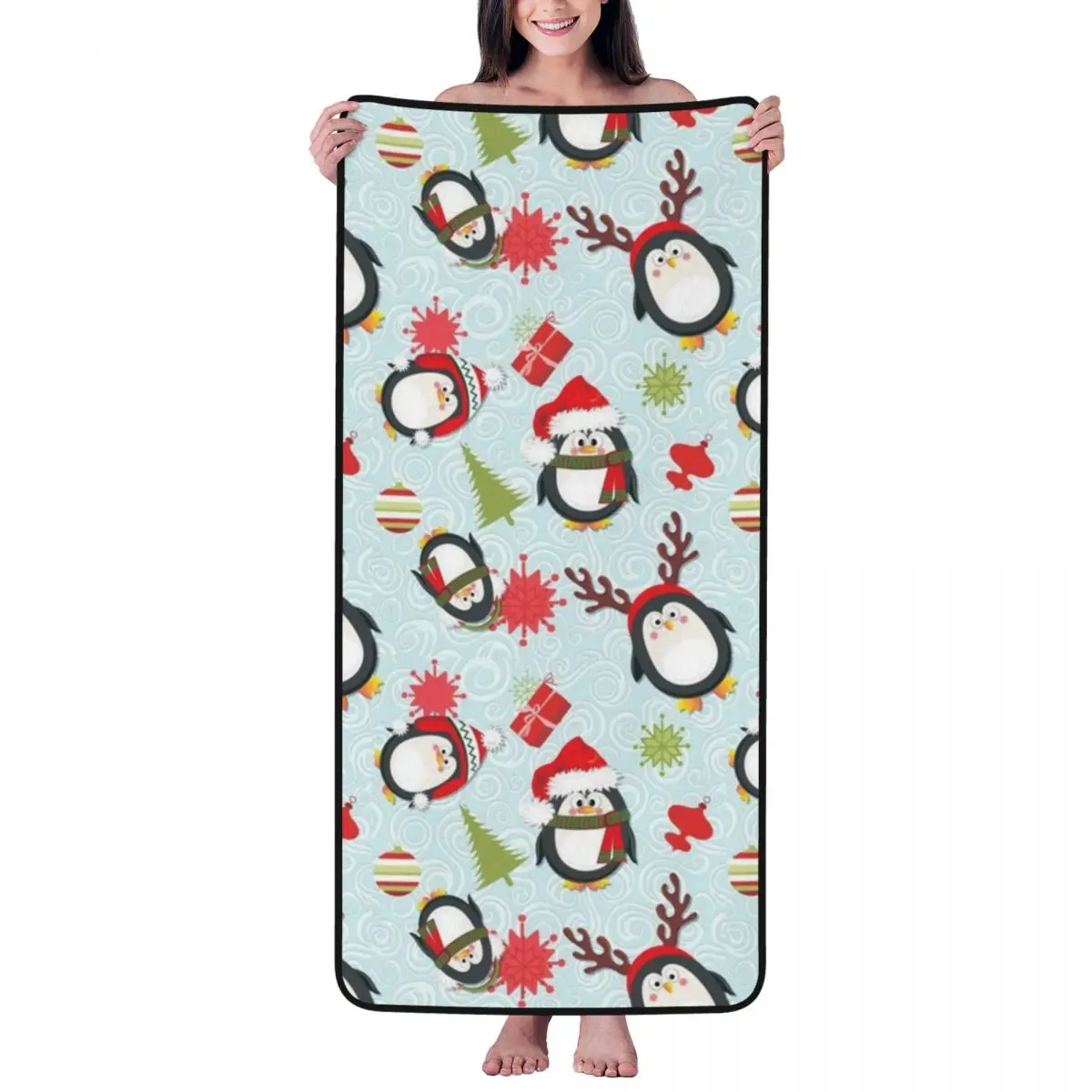 

Holiday Penguins Christmas Beach Towel for Adult Kids Microfiber Bath Towel Blanket for Camping Swim Pool Travel Beach Gym