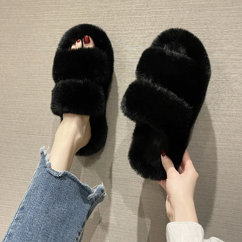 

Home Fluffy Fur Slippers Comfy Open Toe Two Band Plush Sole Women Warm Shoes Indoor Bedroom Soft Flat Pillow Slide Footwear