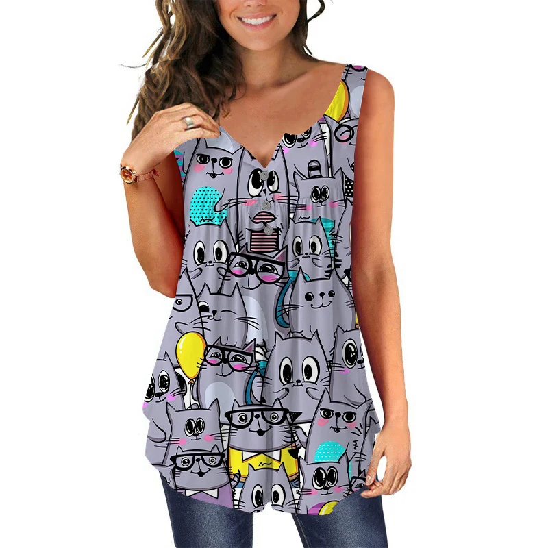

Womens Summer Sexy Cartoon Cat Print Button Casual V-neck Tank Shirt Loose Sleeveless Beach Vest Tank Camisole Tops